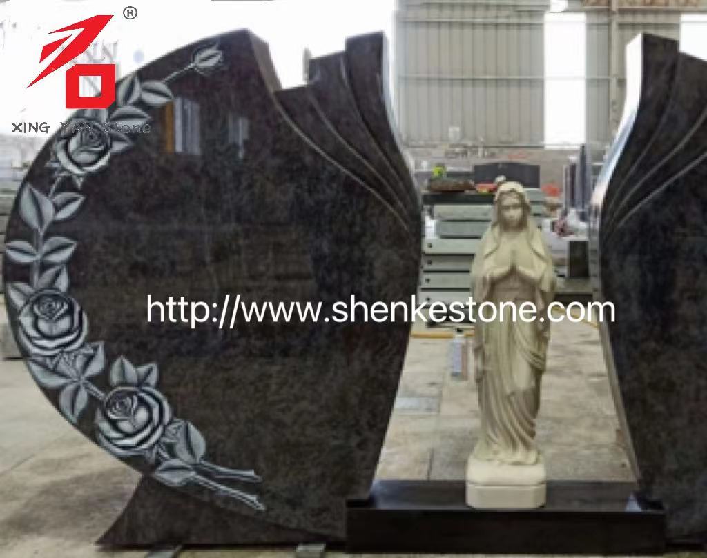 Double Carved Rose Mary Headstone Bahama Blue Granite